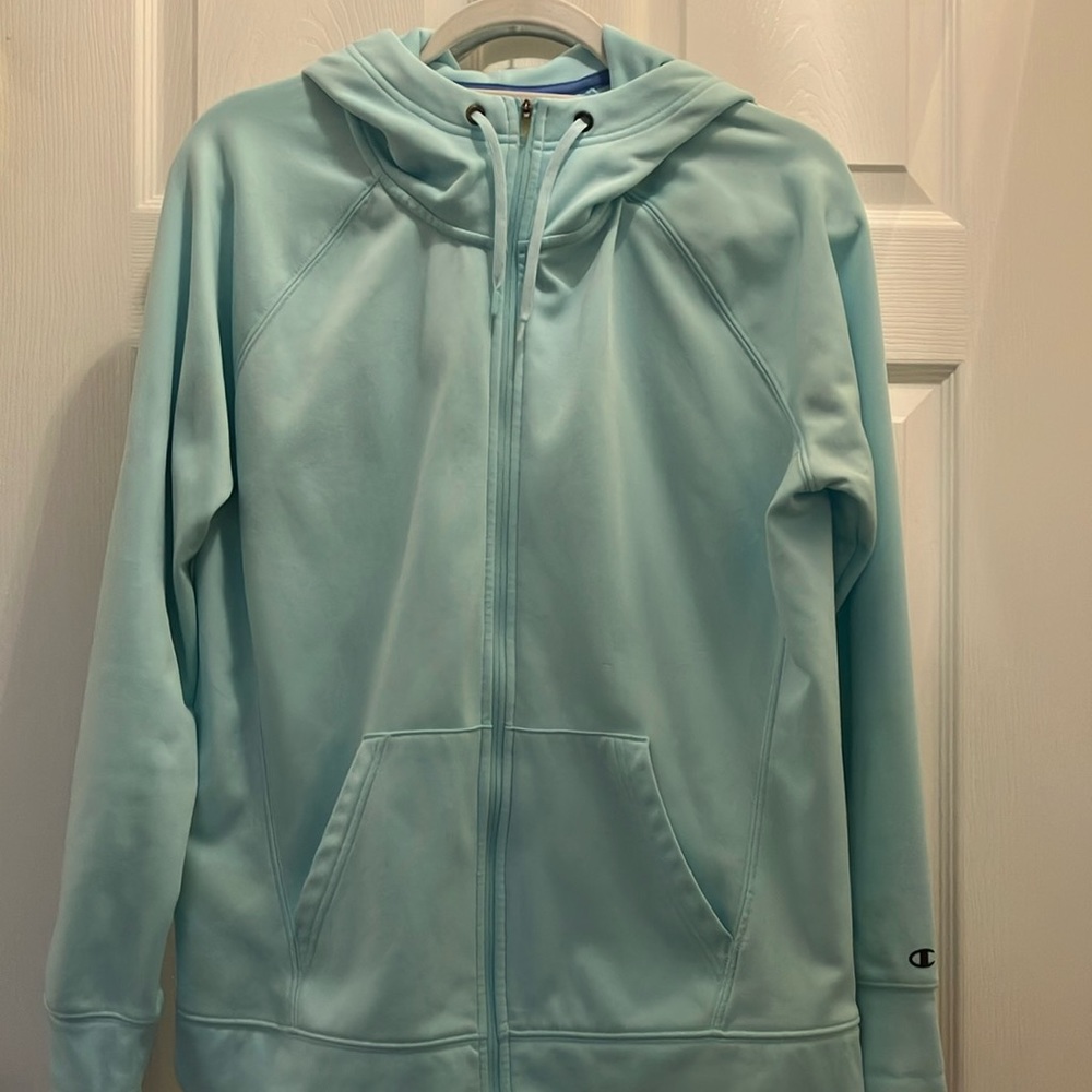 Pretty Aqua Performance Fleece by Champion. Hood and extra long cuffs for warmth